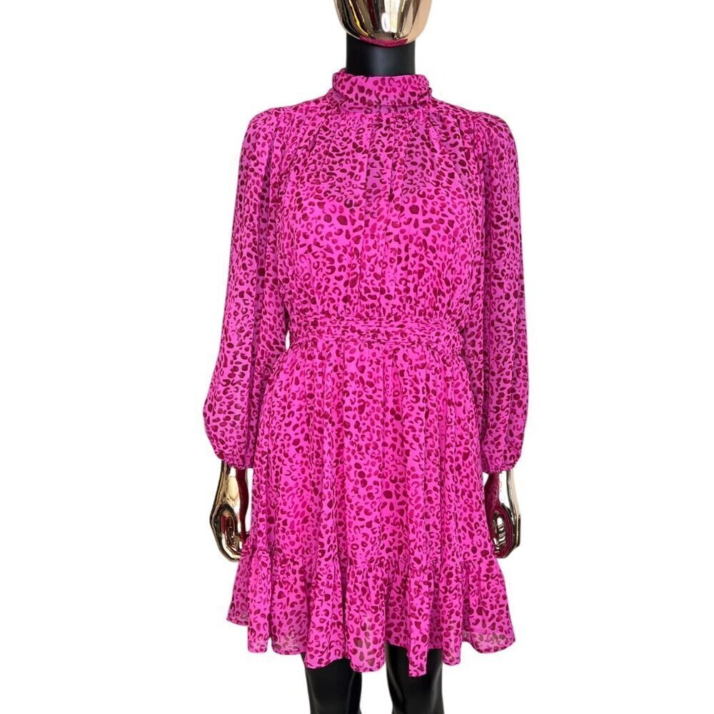 Entro Pink Leopard Tie Neck Mini Dress NWOT Small - Picture 2 of 8
